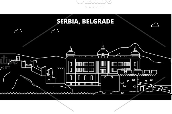 Belgrade silhouette skyline. Serbia - Belgrade vector city, serbian linear architecture, buildings. Belgrade travel illustration, outline landmarks. Serbia flat icon, serbian line banner