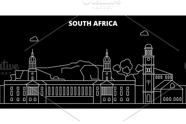 South Africa silhouette skyline, vector city, african linear architecture, buildings. South Africa travel illustration, outline landmarkflat icon, african line banner