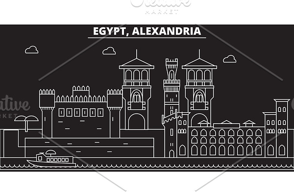 Alexandria silhouette skyline. Egypt - Alexandria vector city, egyptian linear architecture, buildings. Alexandria line travel illustration, landmarks. Egypt flat icon, egyptian outline design banner