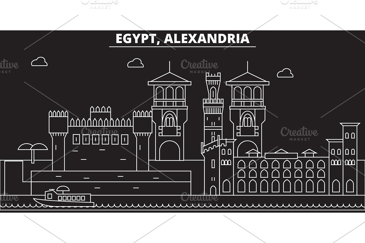 Alexandria silhouette skyline. Egypt - Alexandria vector city, egyptian linear architecture, buildings. Alexandria line travel illustration, landmarks. Egypt flat icon, egyptian outline design banner in Illustrations - product preview 8