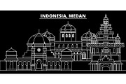Medan silhouette skyline. Indonesia - Medan vector city, indonesian linear architecture, buildings. Medan travel illustration, outline landmarks. Indonesia flat icon, indonesian line banner