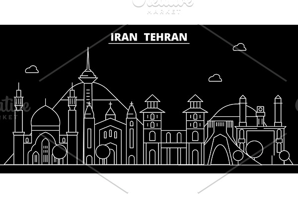 Tehran silhouette skyline. Iran - Tehran vector city, iranian linear architecture, buildings. Tehran travel illustration, outline landmarks. Iran flat icon, iranian line banner