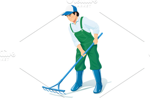 Garden worker with rake. Gardening