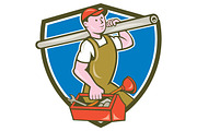 Plumber Carrying Pipe Toolbox Crest