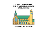 Germany, Hildesheim, St Mary's Cathedral And St Michael's Church At Hildesheim line icon concept, flat vector sign, symbol, illustration.