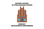 Germany, Mecklenburg-Vorpommern, Historic Centres Of Stralsund and Wismar line icon concept. Germany, Mecklenburg-Vorpommern, Stralsund and Wismar flat vector sign, symbol, illustration.