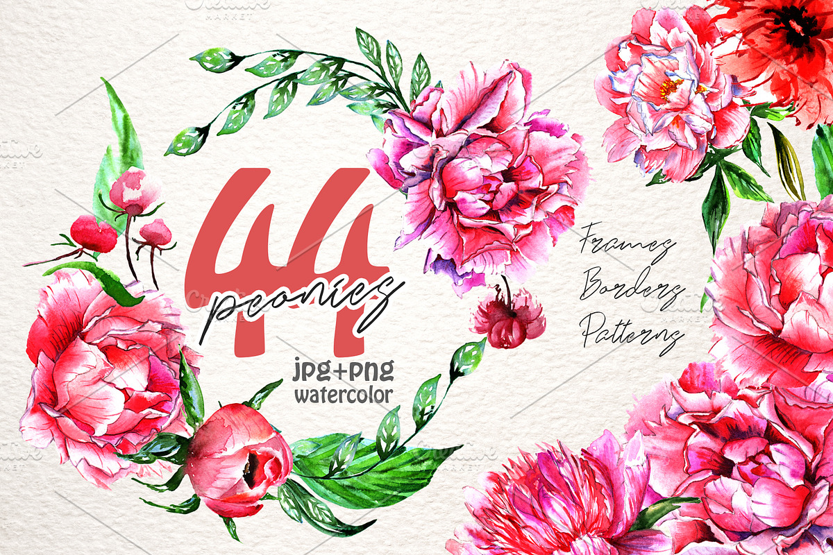Lovely pink peony PNG watercolor set in Illustrations - product preview 8