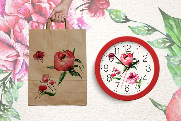 Lovely pink peony PNG watercolor set in Illustrations - product preview 1