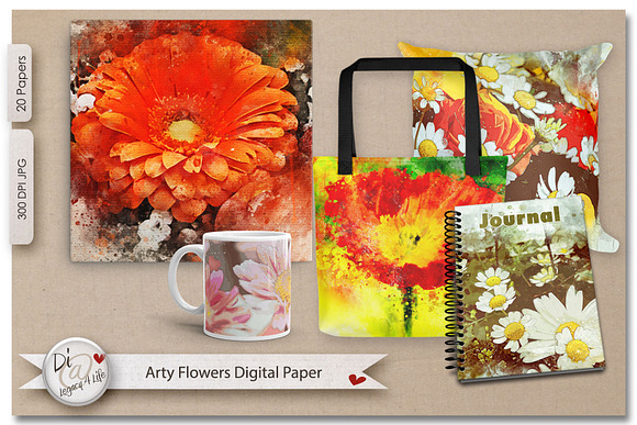 Arty Flowers Digital Papers in Illustrations - product preview 1