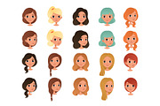 Set of different girl s hair styles and colors black, blue, blonde, red, brown. Female teens with big shiny eyes. Human head. Flat vector design