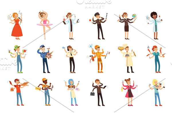 Multitasking people set with many hands. Workers of different professions. Flat worker characters with tools and equipment. Vector