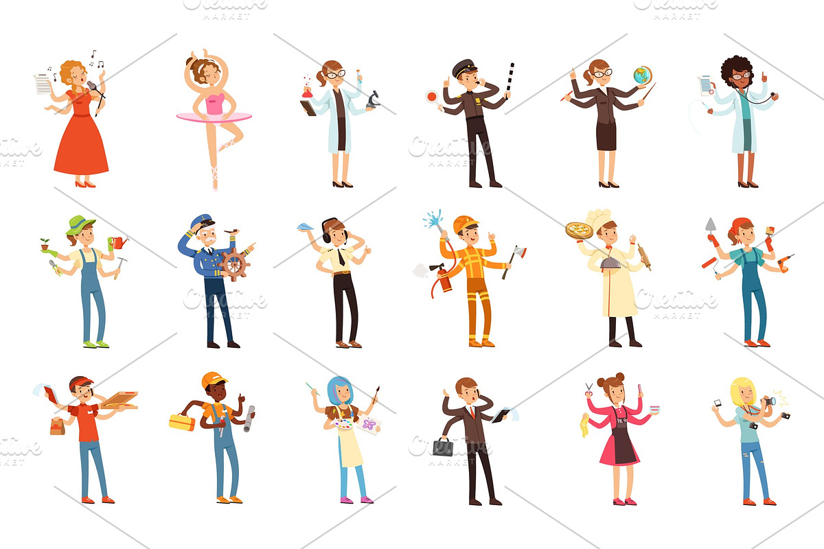 Multitasking people set with many hands. Workers of different professions. Flat worker characters with tools and equipment. Vector in Illustrations - product preview 8