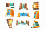 Waterfalls set, cascading streams of various shape cartoon vector Illustrations
