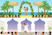 Different wedding ceremonies set, traditional, exotic tropical beach and muslim weddings vector Illustrations