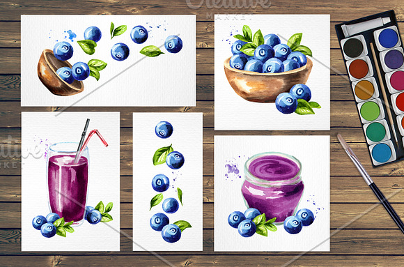 Blueberry. Watercolor collection in Illustrations - product preview 4
