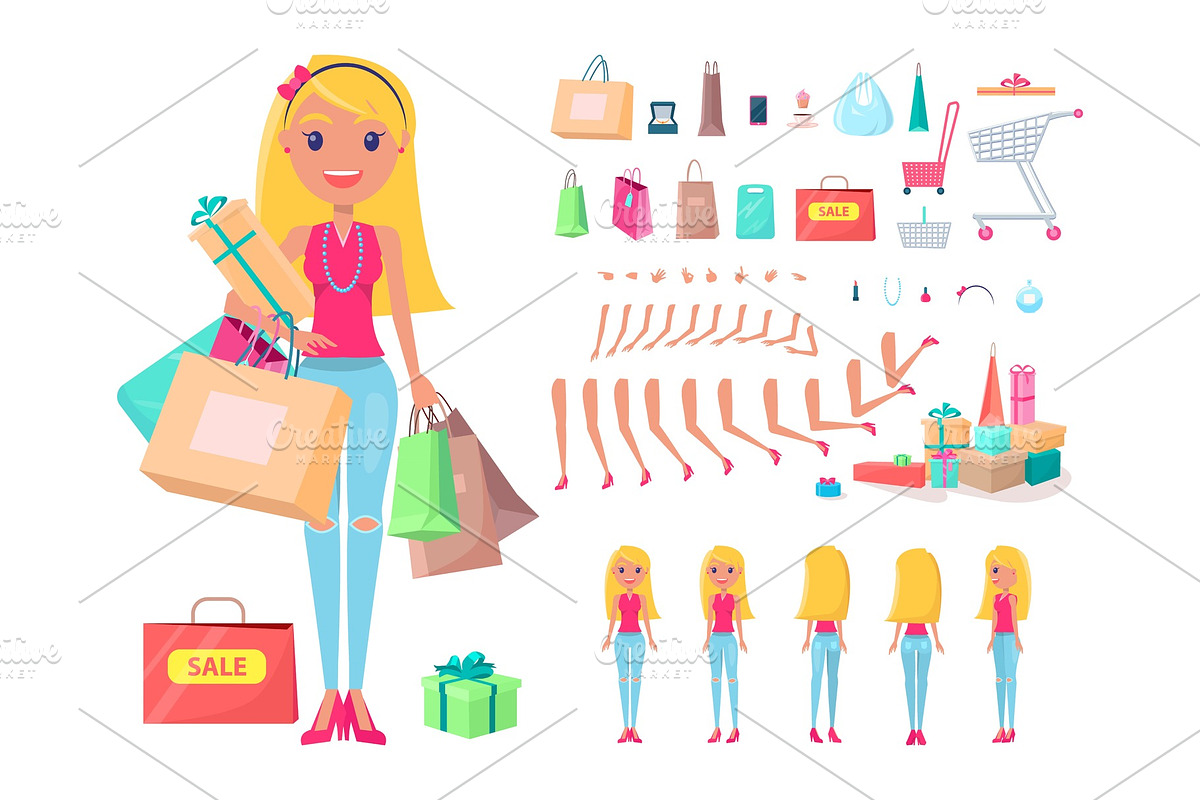 Shopaholic Girl with Shopping Bags and Carts Set in Illustrations - product preview 8