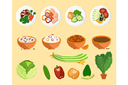 Avocado and Dishes Collection Vector Illustration