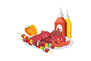 Barbecue Food on White Plate, Vector Illustration