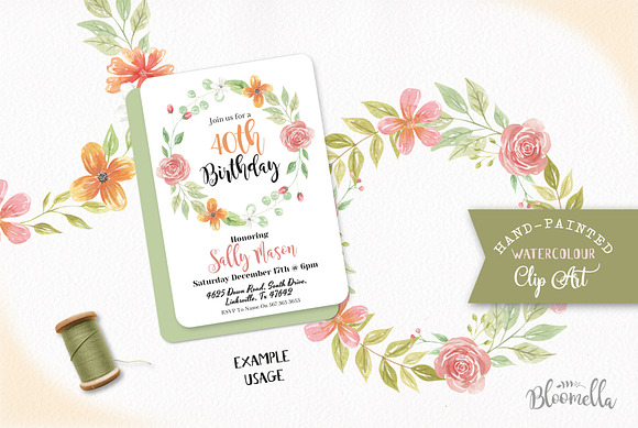Dusk Floral Wreath Watercolor Set in Illustrations - product preview 1