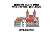 Collegiate Church, Castle, And Old Town Of Quedlinburg line icon concept. Collegiate Church, Castle, And Old Town Of Quedlinburg flat vector sign, symbol, illustration.
