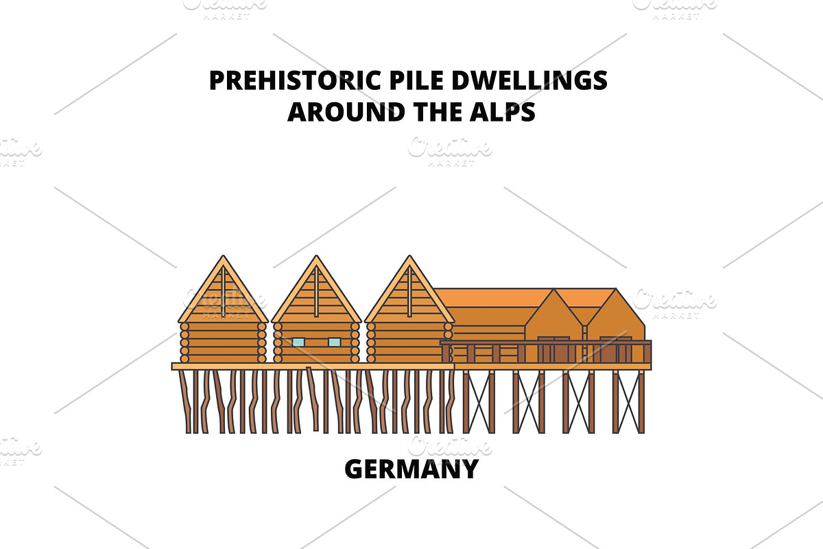 Germany, Prehistoric Pile Dwellings Around The Alps line icon concept. Germany, Prehistoric Pile Dwellings Around The Alps flat vector sign, symbol, illustration. in Illustrations - product preview 8