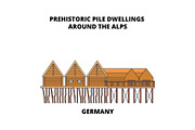 Germany, Prehistoric Pile Dwellings Around The Alps line icon concept. Germany, Prehistoric Pile Dwellings Around The Alps flat vector sign, symbol, illustration.