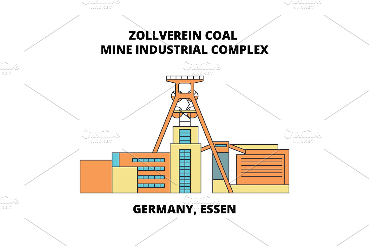 Germany, Essen, Zollverein Coal Mine Industrial Complex line icon concept. Germany, Essen, Zollverein Coal Mine Industrial Complex flat vector sign, symbol, illustration. in Illustrations - product preview 8