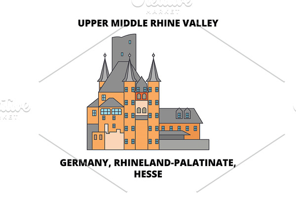 Germany, Rhineland-Palatinate, Hesse, Upper Middle Rhine Valley line icon concept. Germany, Rhineland-Palatinate, Hesse, Upper Middle Rhine Valley flat vector sign, symbol, illustration.