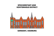 Germany, Hamburg, Speicherstadt District line icon concept. Germany, Hamburg, Speicherstadt District flat vector sign, symbol, illustration.