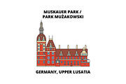 Germany, Lusatia, Park Muzakowski line icon, vector illustration. Germany, Lusatia, Park Muzakowski flat concept sign.