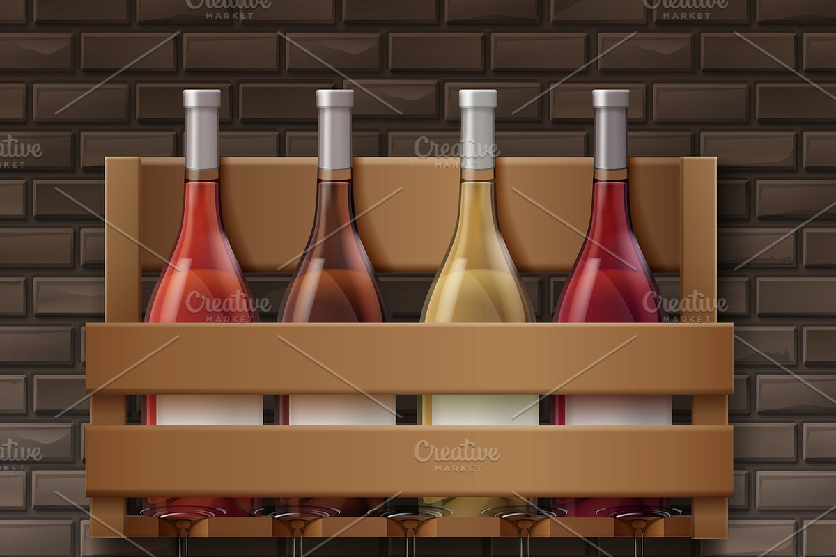 Wine bottles and glasses on shelf in Illustrations - product preview 8
