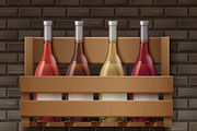 Wine bottles and glasses on shelf