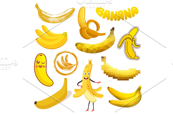 Banana vector yellow tropical fruit or healthy fruity snack of organic food diet illustration set of cartoon bananas emoticon isolated on white background