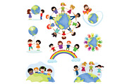 Children world vector happy kids on planet earth in peace and worldwide earthly friendship illustration peaceful childish set of boys or girls together isolated on white background