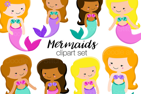 Cute Mermaids Clipart Illustrations