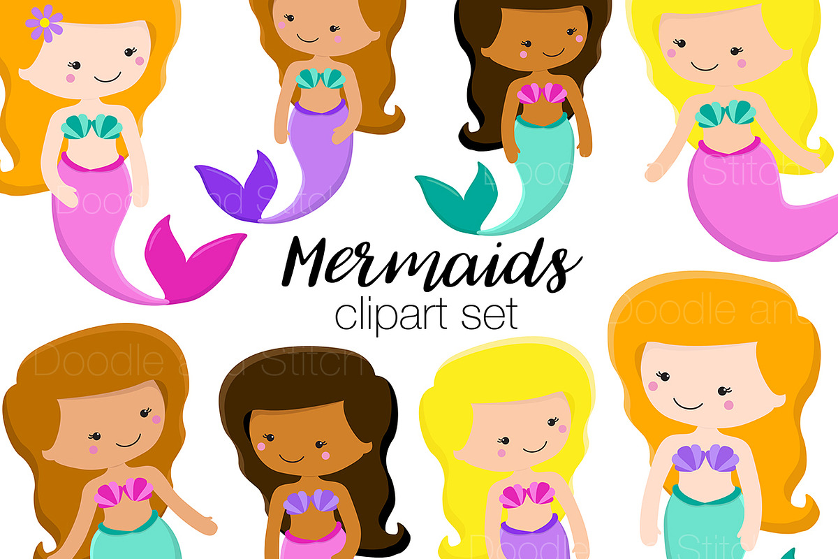 Cute Mermaids Clipart Illustrations in Illustrations - product preview 8