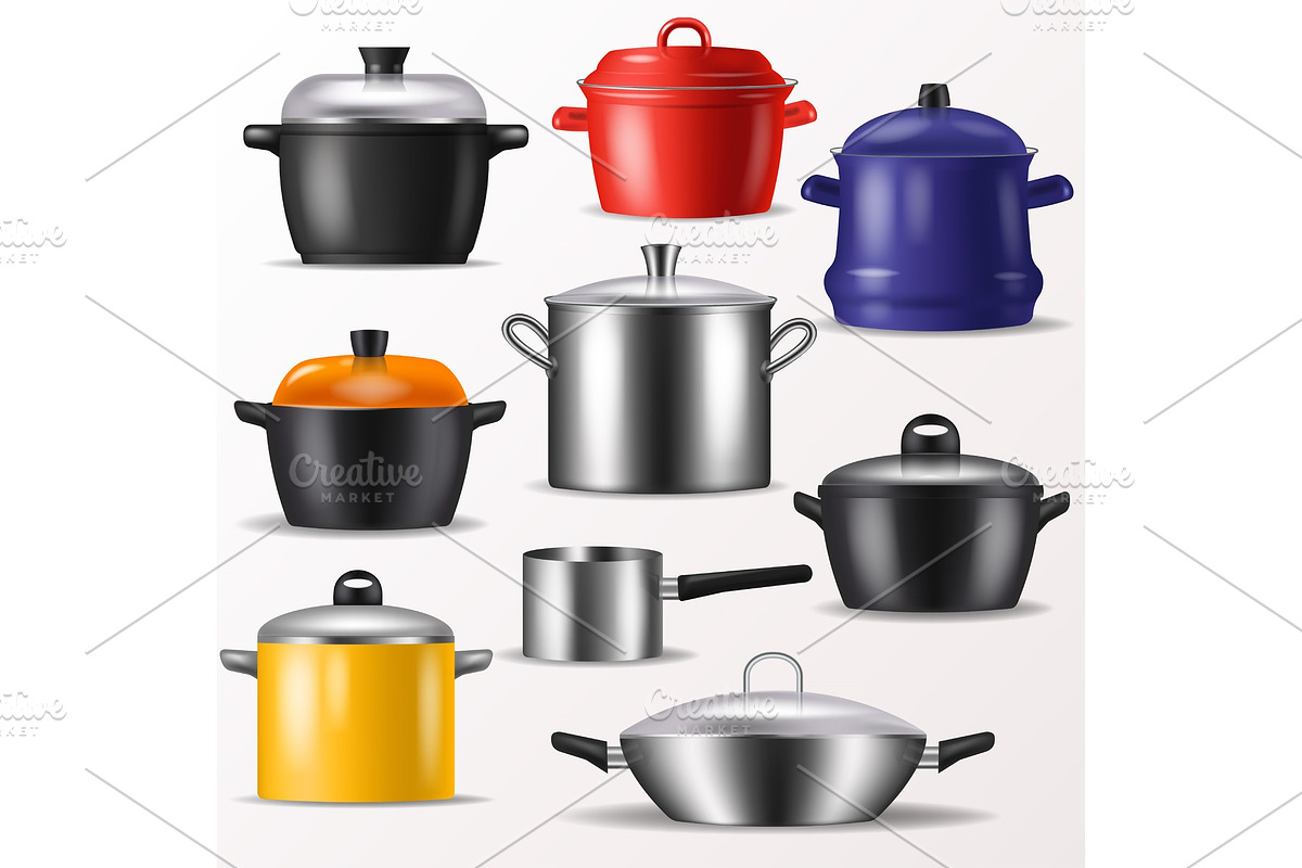 Pan vector kitchenware or cookware for cooking food and kitchen utensil illustration set of dishware and frying-pan or pot isolated on white background in Illustrations - product preview 8