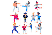 Karate vector martial karate-do character training attack illustration set of man or woman and elderly people in sportswear practicing in judo or taekwondo sport isolated on white background