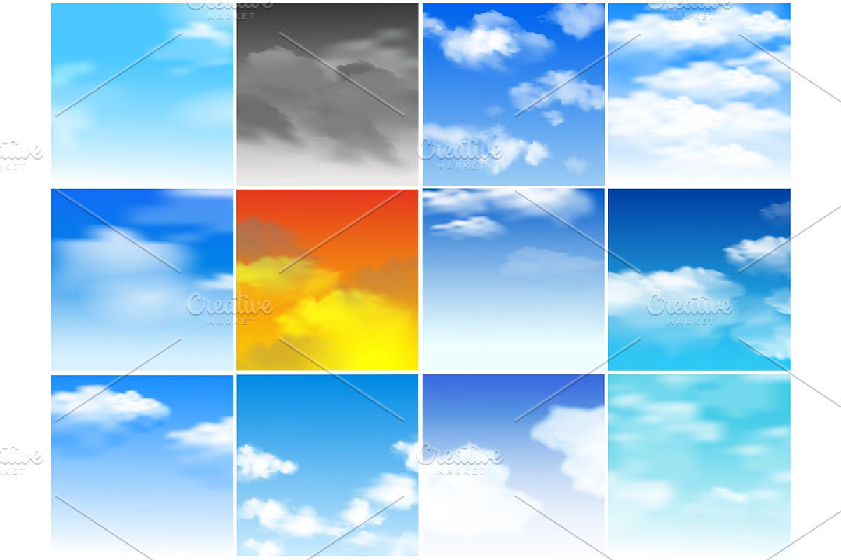 Sky clouds vector pattern cloudy backdrop and blue skyline heaven wallpaper illustration set of cloudscape daylight with fluffy background in Illustrations - product preview 8