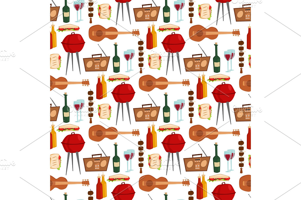 Barbecue party products kitchen outdoor family time cuisine lunch seamless pattern background vector illustration in Illustrations - product preview 8