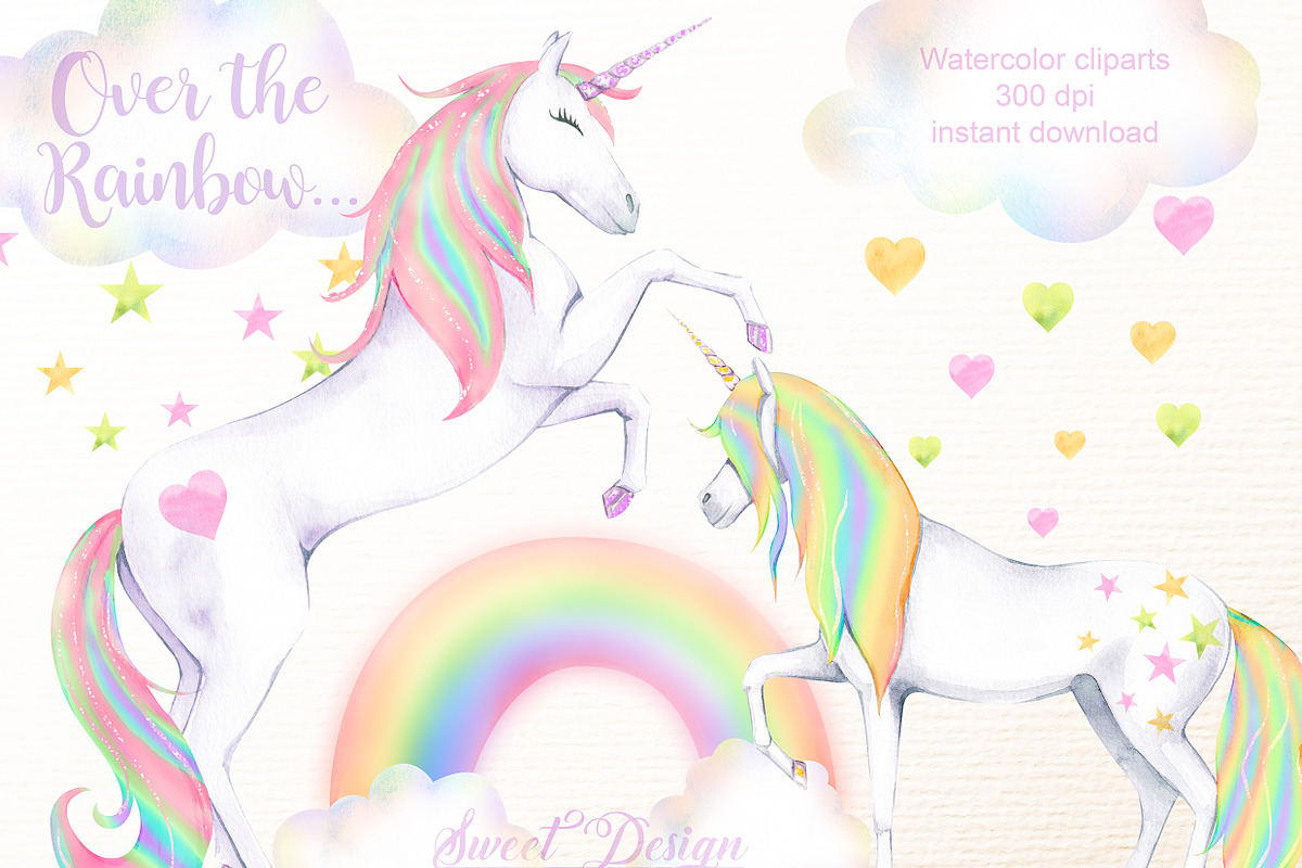 Watercolor rainbow unicorn cliparts in Illustrations - product preview 8
