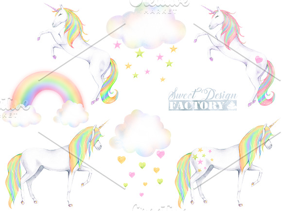 Watercolor rainbow unicorn cliparts in Illustrations - product preview 1
