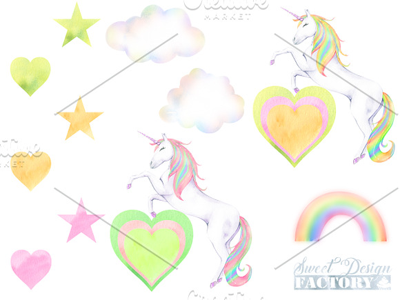 Watercolor rainbow unicorn cliparts in Illustrations - product preview 2