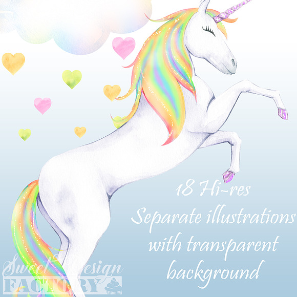 Watercolor rainbow unicorn cliparts in Illustrations - product preview 3