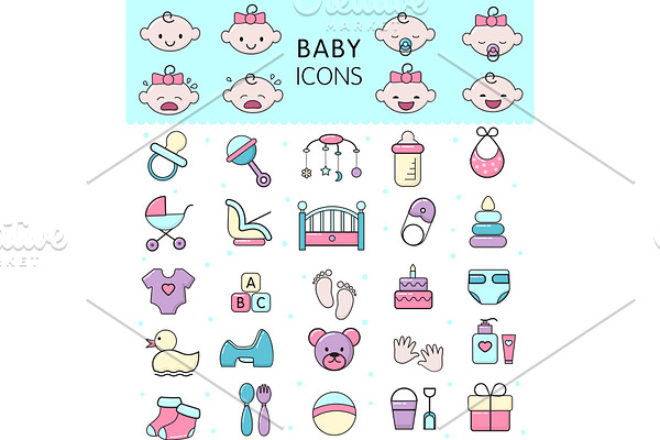 Baby icons vector kids toy for infant boys or girls in babyroom and childs bottle or stroller illustration set of children signs bed for newborn isolated on white background