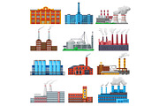 Factory vector industrial building and industry or manufacture with engineering power illustration set of manufacturing construction producing energy or electricity isolated on white background