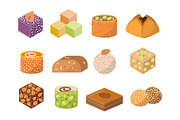 Sweets east delicious dessert food vector confectionery homemade assortment chocolate cake tasty bakery sweetness delights illustration