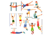 Athlete on horizontal bar vector illustration workout of athletic characters training on crossbar set of sportive people exercising with equipment isolated on white background
