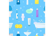 Hygiene personal care vector toiletries set of hygienic bath products and bathroom accessories soap shampoo or shower gel for bodycare icons illustration seamless pattern background