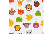 Animals carnival mask vector set festival decoration masquerade seamless pattern monkey, lion, cat, frog and sun